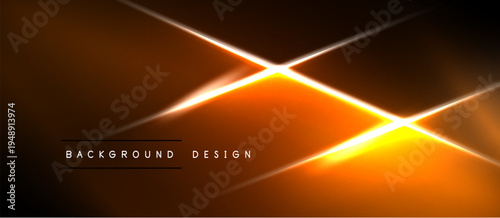 Abstract orange light streaks cross dark background. Modern design element, vibrant energy radiates from center. Simple, bold presentation.