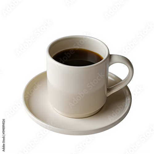 White ceramic coffee cup with black coffee on a saucer isolated on a transparent background