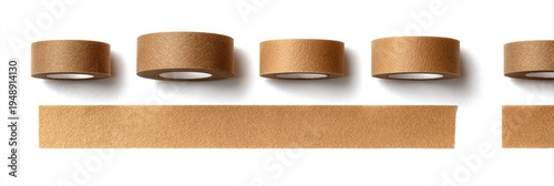 Rolls of brown tape and a strip of tape laid out on a white surface, with slight shadows