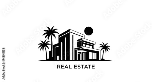 Modern Real Estate House Logo with Palm Trees - Black  White Glyph