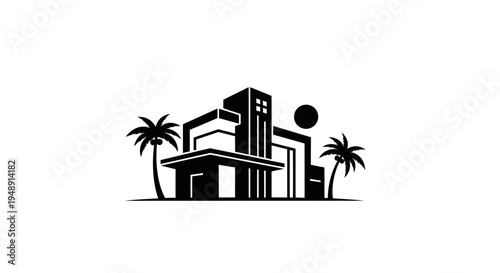 Modern House with Palm Trees and Sun Black and White Icon