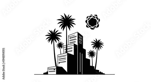 Black  White Vector Art of Cityscape with Palm Trees and Geometric Symbol