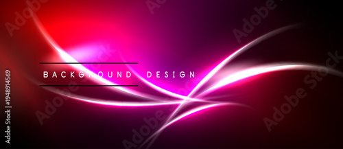 Abstract vibrant background. Pink, red neon lines create dynamic flow, modern design element. Dark space dominates composition.