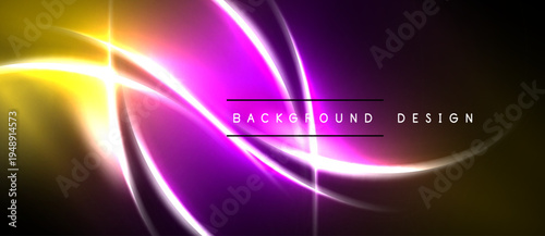 Abstract vibrant lines create dynamic energy. Yellow, purple hues blend into dark background. Modern design element.