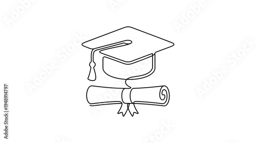 Graduation Cap with Diploma Continuous Single Line Minimalist Achievement Education Line Art Illustration