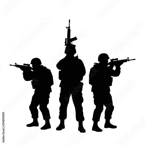 Silhouette of Three Soldiers with Rifles, Military Team, Combat Ready