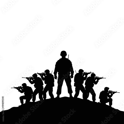 Silhouette soldiers army tactical formation on hill, military special forces, ready for action