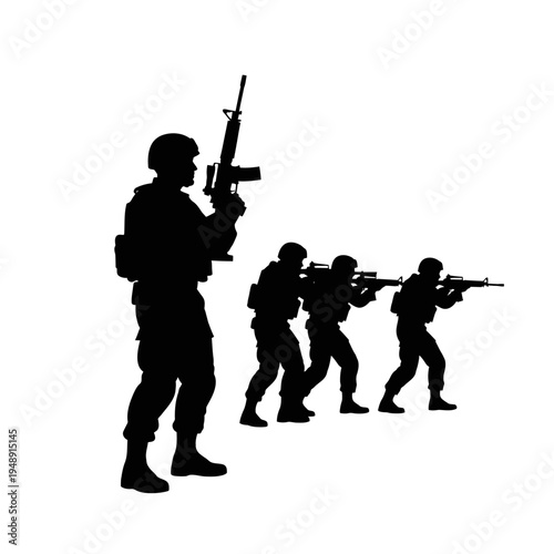 Silhouette Soldiers Aiming Rifles, Military Team Ready for Action, Special Forces Unit