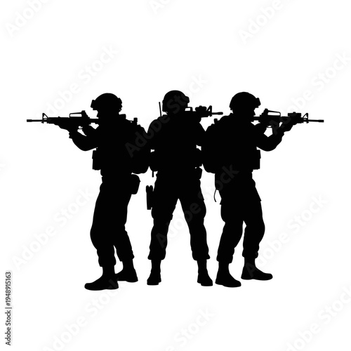 Silhouette of three soldiers in tactical gear aiming rifles, ready for combat