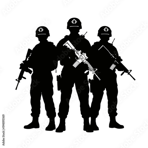 Silhouette of three soldiers in tactical gear holding rifles, ready for action