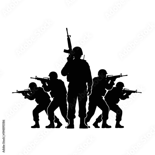 Silhouette of soldiers with rifles, ready for combat, tactical formation