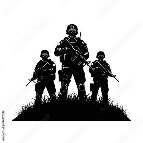 Silhouette of three soldiers standing in grass with rifles, military concept