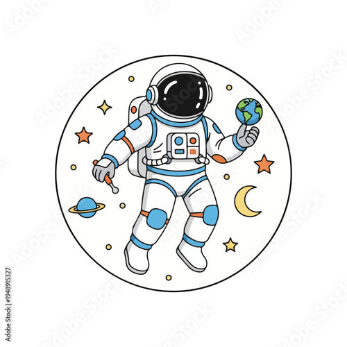 Flat line art illustration of an astronaut floating in space with planets.