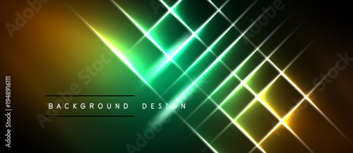 Abstract geometric pattern. Bright neon lines intersect, creating dynamic visual effect. Dark background enhances glowing colors.