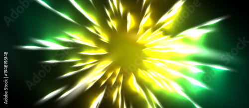 Bright explosion radiates outward. Yellow, green hues dominate dark background. Sharp rays emanate from central point, creating dynamic effect.
