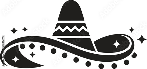 Mexican Sombrero Hat Icon with Festive Sparkles – Cinco de Mayo Fiesta Symbol Bold Minimalist Black Vector