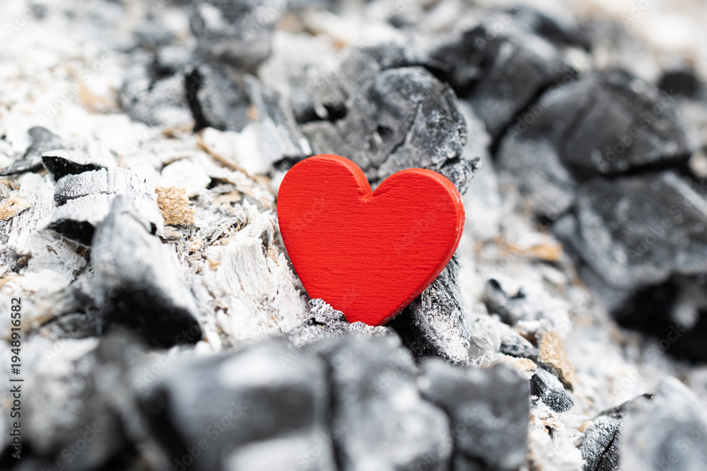 Obraz premium Red heart lying on cold grey ashes and charcoal. Concept of lost love or fading feelings. . Symbol of hope, rebirth and love .