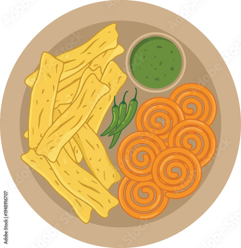 Traditional Indian Gujarati breakfast snack plate featuring crunchy fafda and sweet orange jalebi served with spicy green chilies and savory chutney dip top view.