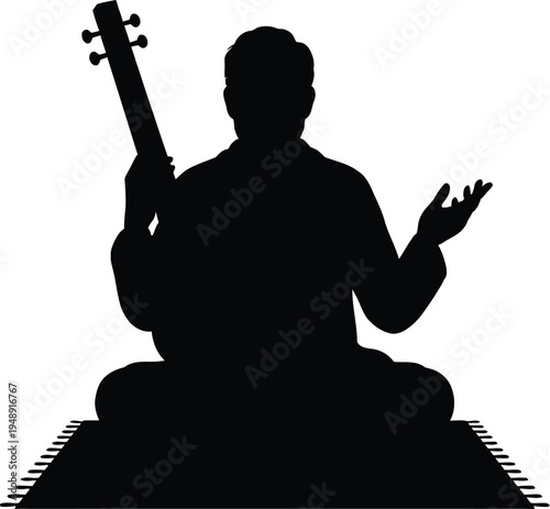 Black silhouette of a traditional Indian classical singer sitting on a rug and holding a tanpura musical instrument while performing a devotional raga performance.