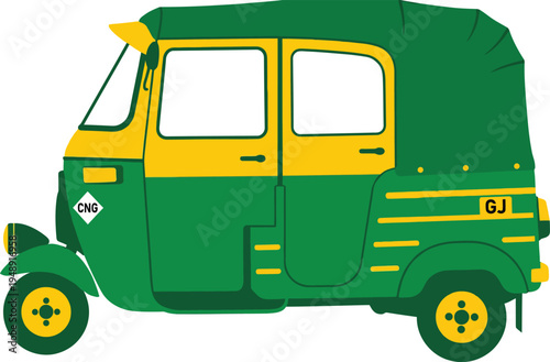 Traditional green and yellow Indian auto rickshaw showing a side profile view of the popular three wheeler CNG public transport cab used for daily urban city travel.