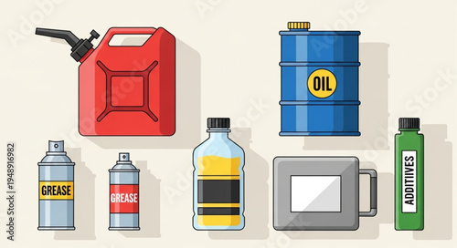 Various Automotive Fluids and Lubricants in Containers Illustration.