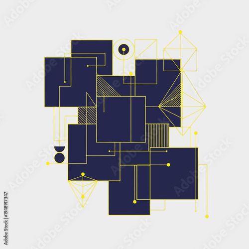 Abstract Geometric Composition with Dark Blue Shapes and Yellow Lines on Gray Background