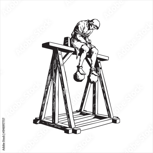 Historical black and white illustration of a prisoner on a medieval torture device.