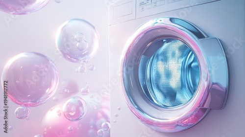 Interior with washing machine and soap bubbles,Vector realistic automatic washing machine with a front loading with blue soup bubbles,Realistic vector illustration,Home appliance concept.