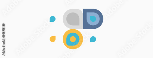 Abstract colorful shapes form playful face. Circles, gray oval suggest eyes, mouth. Minimalist design, simple composition.