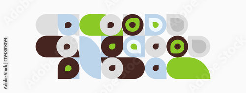 Abstract geometric pattern. Circles, rectangles overlap creating playful design. Soft colors dominate composition. Minimalist aesthetic.