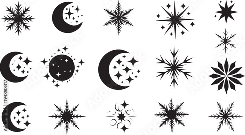 Black and white celestial icons with moons and stars