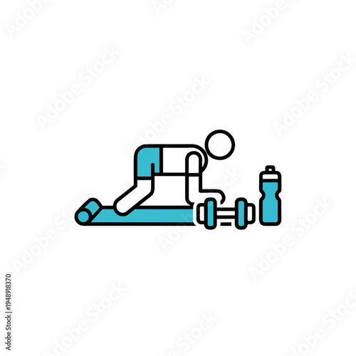 Man exercising on mat with dumbbell and water bottle nearby  