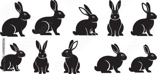 Set of black rabbit silhouettes on white background