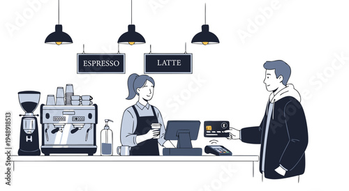 Modern Coffee Shop Payment Vector Illustration - Customer Pays Contactless with Credit Card at Counter