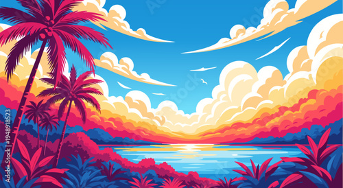 vibrant tropical island vector illustration at sunset with palm trees and ocean waves, vivid colors, dreamy sky