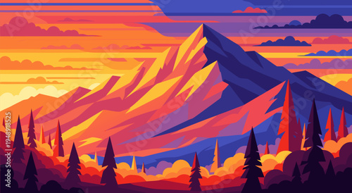 Vibrant Sunset Over Mountain Peaks A Stunning Vector Illustration Art Style with Warm Colors