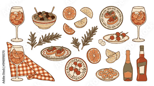 Vintage italian aperitivo illustration with spritzes olives prosciutto and cheese on plates with rustic vibes