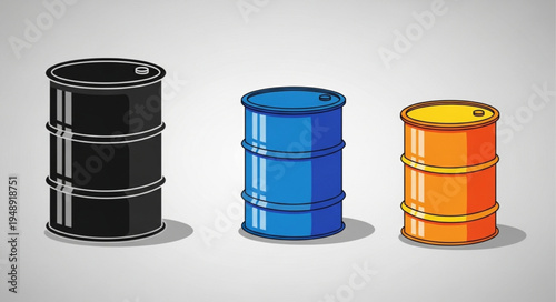 Colorful Oil Drums - Black, Blue, and Orange Industrial Storage.