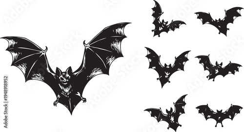 Black bats flying in different positions on white background