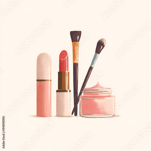 Cosmetics and beauty icons with lipstick, cream jar and brush