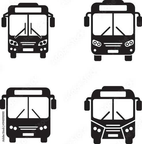 Four different black bus front view silhouettes