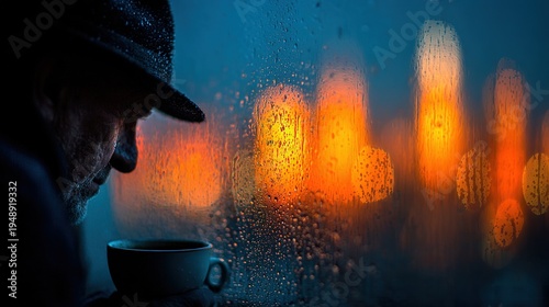 Senior Man with Coffee Cup by Rainy Window, Loneliness Concept