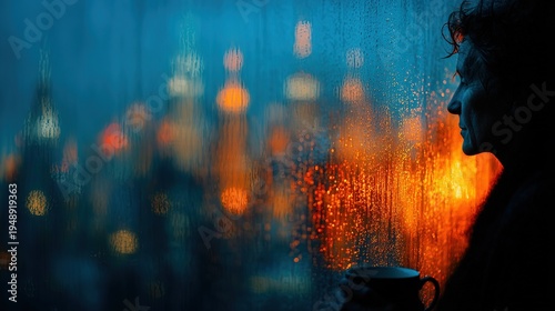 Woman with Coffee Cup by Rainy Window, Contemplation Concept