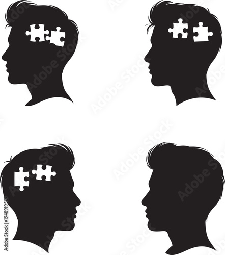 Four human silhouettes with puzzle pieces in their minds