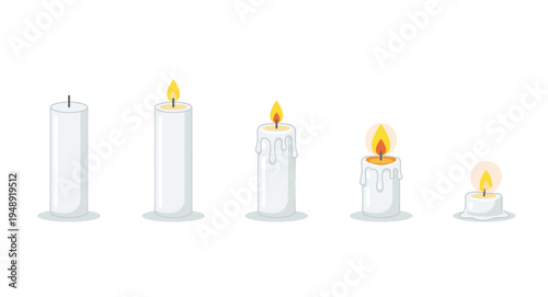 Burning candle sequence showing the melting process from a full wax pillar to a small glowing flame and melted wax pool vector illustration