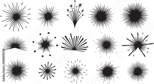 Collection of black explosion burst graphic design elements set