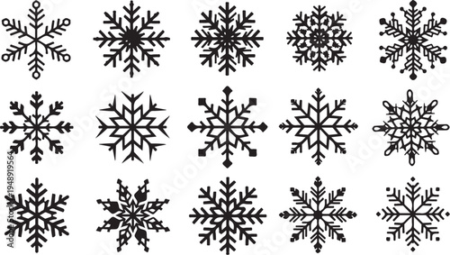 Collection of unique black snowflakes on white background illustration