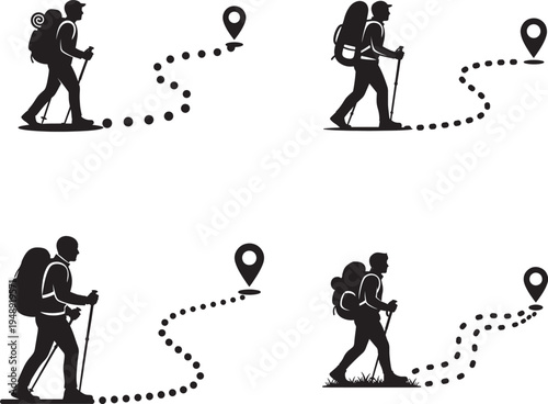 Hikers navigating through various terrains with backpacks and trekking poles