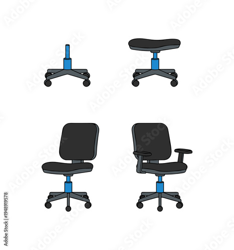 Ergonomic office chair assembly instructions set showing wheels base gas lift seat backrest and armrests components joining to form a complete swivel chair.