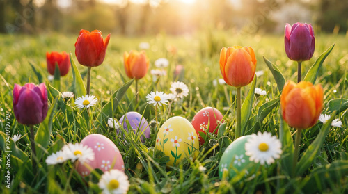 Wallpaper Mural Happy Easter Greeting Card with Colorful Eggs and Flowers Torontodigital.ca